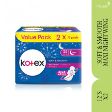 KOTEX SOFT & SMOOTH MAXI NIGHT 32CM WING TWIN PACK 12'S X 2